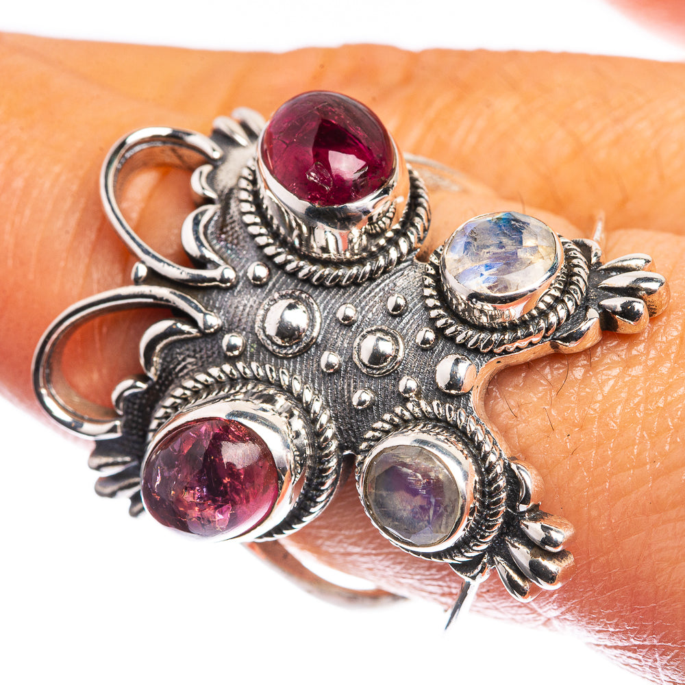 Large Pink Tourmaline, Rainbow Moonstone 925 Sterling Silver Ring Size 9