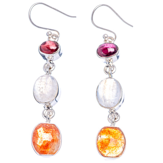 Pair of .925 sterling silver dangling earrings with red, white opal, and orange stones