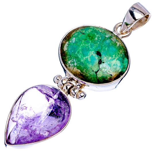Sterling silver pendant with green turquoise round cabochon and purple amethyst drop