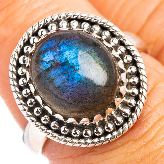 Oval labradorite gemstone ring in .925 sterling silver, blue flash cabochon