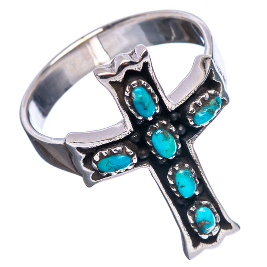 Turquoise cross ring side view with six oval stones on oxidized silver band