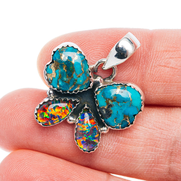 Premium Blue Copper Turquoise, Opal Butterfly Pendant 1 1/8" (.925 Sterling Silver)