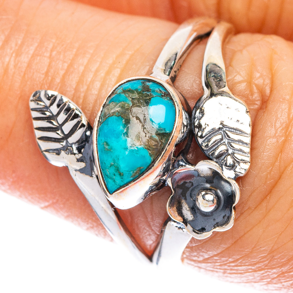 Silver turquoise oval flower leaf ring with detailed leaf and bloom settings