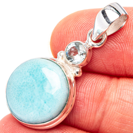 Sterling silver larimar pendant with round blue stone and small blue topaz accents