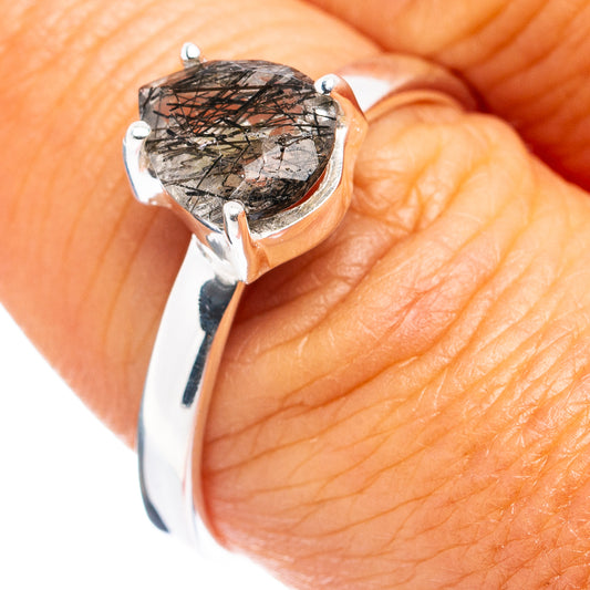 Tourmalinated quartz ring in .925 sterling silver, square black stone with prongs