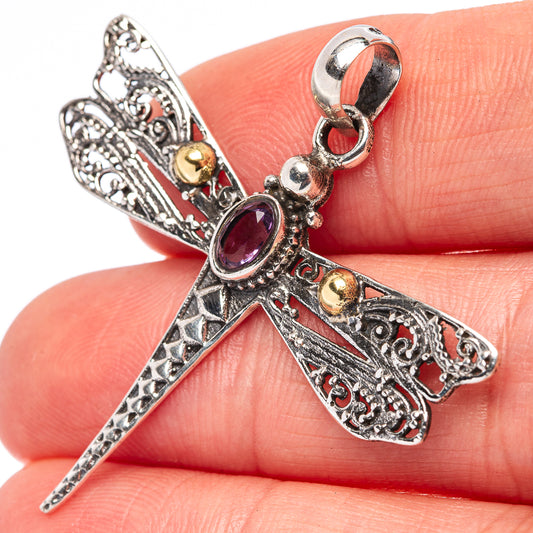 Sterling silver dragonfly pendant with purple amethyst stone, round bail, and gold accents