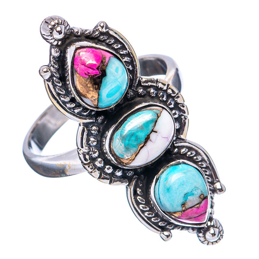 Sterling silver turquoise ring, three oval stones with pink and aqua accents, size 8.25
