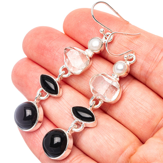 Premium Black Onyx, Herkimer Diamond, Cultured Pearl Earrings 2 1/4" (925 Sterling Silver) E1674