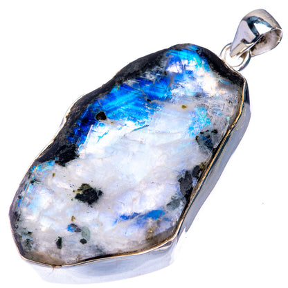 Raw moonstone pendant with silver bail, rough white stone with intense blue glow