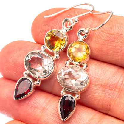 White Quartz, Citrine, Garnet Earrings 1 3/4" (925 Sterling Silver) E432318