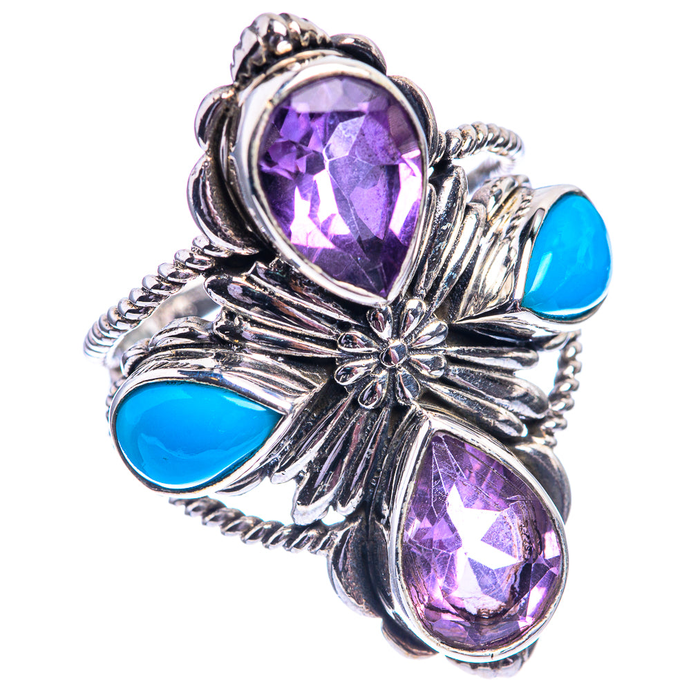 Sterling silver ring with three amethyst ovals and two blue turquoise accents