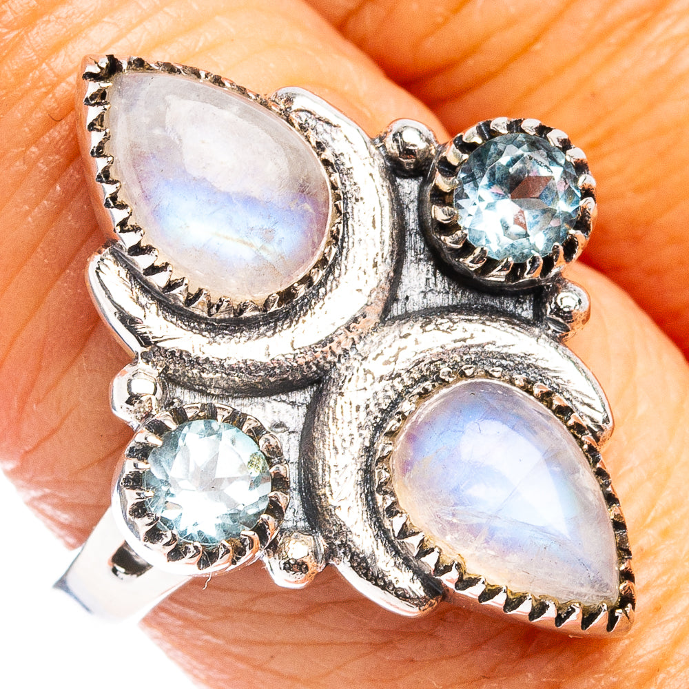 Premium Rainbow Moonstone, Blue Topaz Ring Size 8 (.925 Sterling Silver)