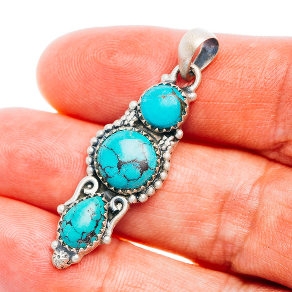 Southwestern Style Tibetan Turquoise Pendant 1 5/8" (.925 Sterling Silver)
