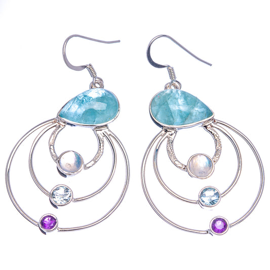 Aquamarine teardrop drop earrings with silver circles, opal, blue topaz, and purple stones