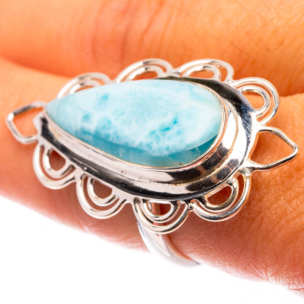 Sterling silver larimar ring, oval blue gemstone in scalloped openwork setting