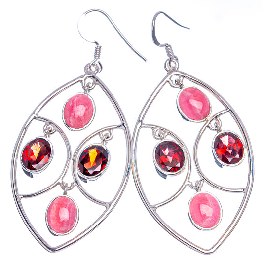 Sterling silver dangling teardrop earrings with pink cabochons and red faceted gems