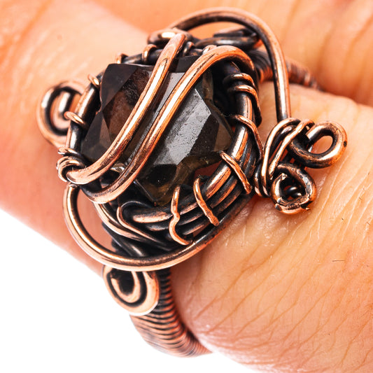 Oxidized copper wire-wrap ring with faceted smoky quartz stone and spiral details