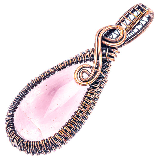 Rose quartz teardrop pendant in oxidized copper wire wrap with looped bail