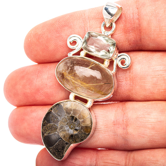 Premium Rutilated Quartz, Ammonite Fossil, Green Amethyst Pendant 2 1/4" (.925 Sterling Silver)