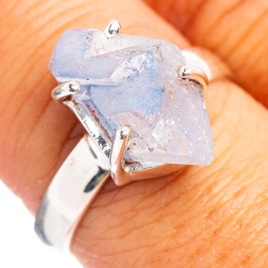 Sterling silver ring with raw blue dumortierite quartz cluster, prong-set on band