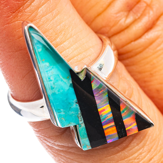 Turquoise opal bolt ring with black and rainbow striped inlays, silver band