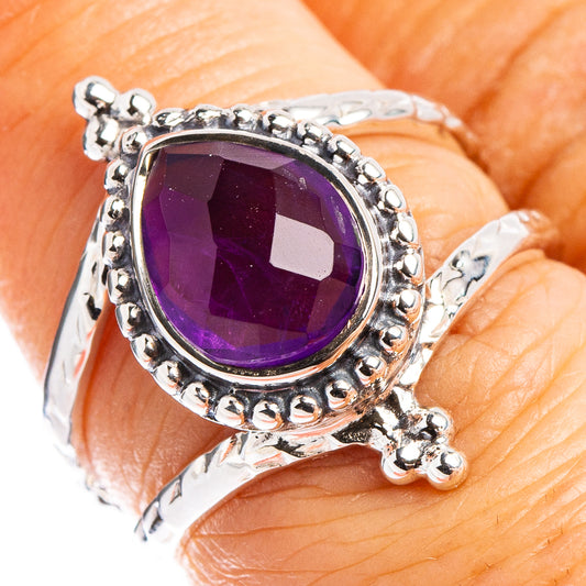 Amethyst sterling silver ring with oval purple gemstone and ornate beaded halo