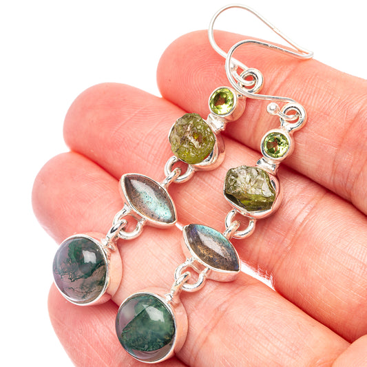Green Moss Agate, Labradorite, Peridot Earrings 2 1/4" (925 Sterling Silver) E2371