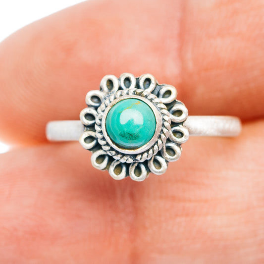Turquoise gemstone sterling silver ring with scalloped bezel and band