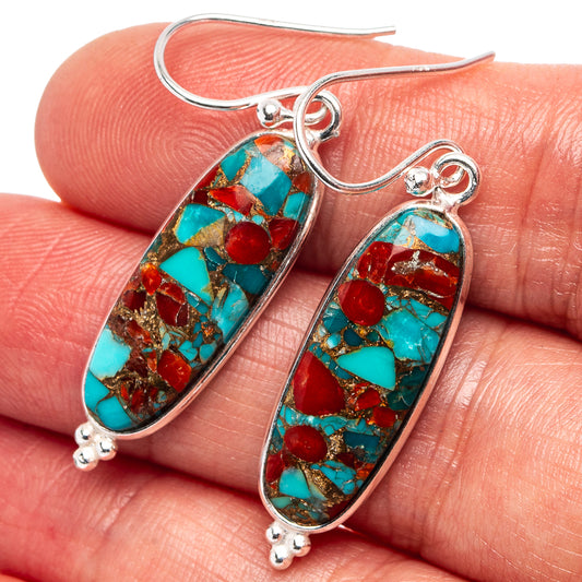 Turquoise-coral matrix drop earring with oval sterling silver frame and hooks