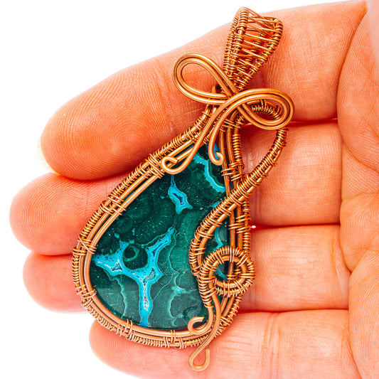 Malachite In Chrysocolla Wire Wrap Pendant 2 1/2" (Copper)