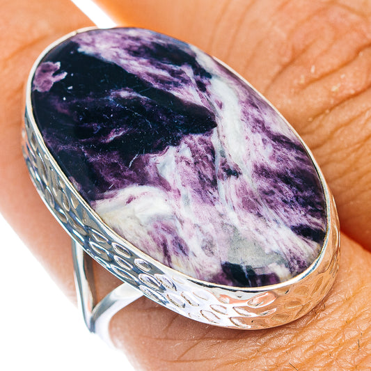 925 sterling silver ring with oval purple gemstone and etched textured band