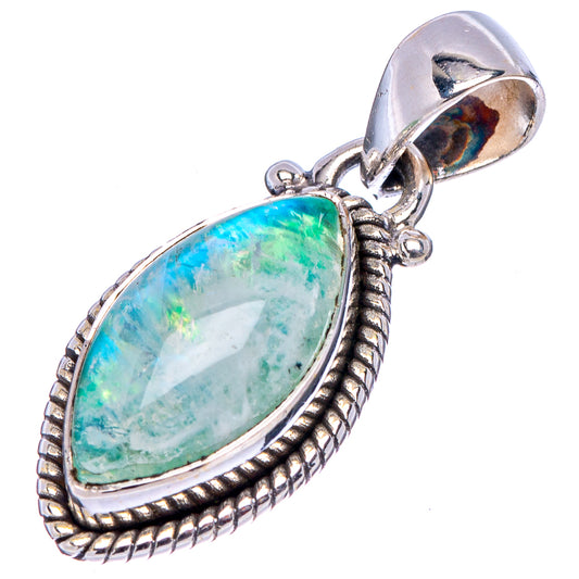 Oval green-blue moonstone pendant with .925 sterling silver bail and rope border, side view
