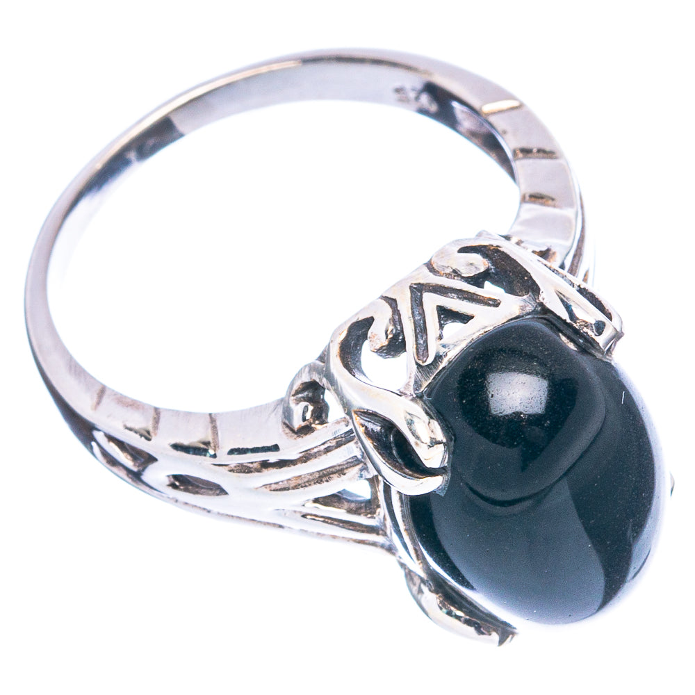 Black onyx oval ring set in 925 sterling silver with ornate band, size 7.5