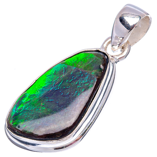 Oval ammolite pendant in .925 sterling silver bezel with bright green iridescent surface.
