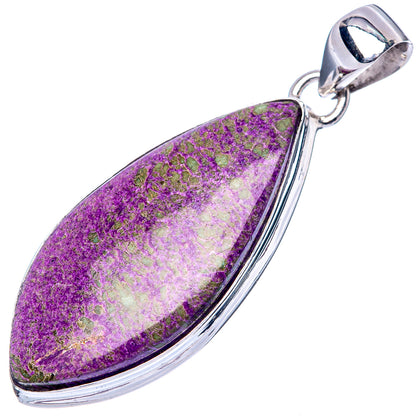 Purple-green stichtite teardrop pendant with bail, polished 925 sterling silver bezel