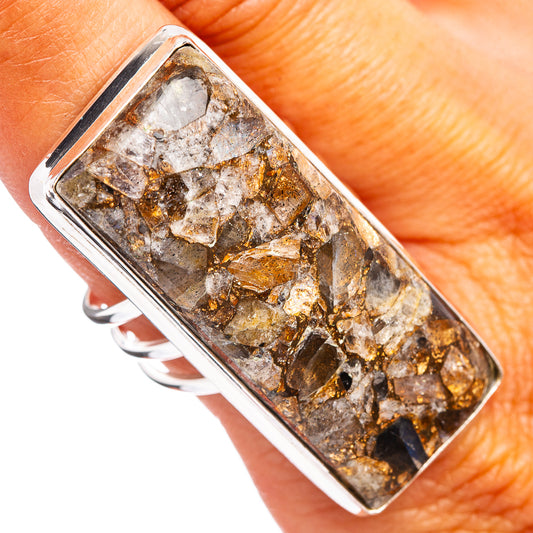 Rectangular sterling silver matrix ring with iridescent labradorite and bronze flecks