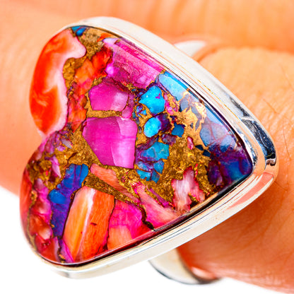 Heart-shaped sterling silver ring with vibrant pink, blue, orange stone inset