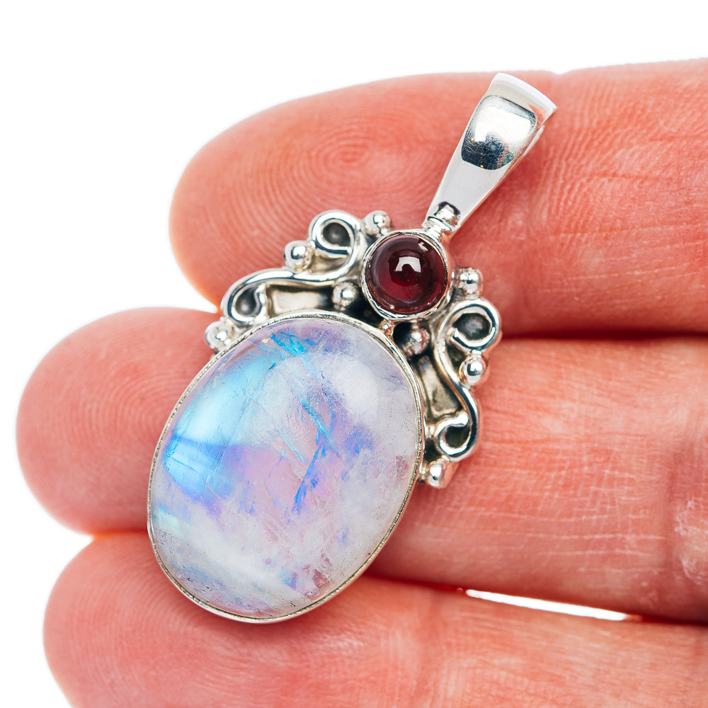 Premium Rainbow Moonstone, Garnet Pendant 1 1/2" (.925 Sterling Silver)