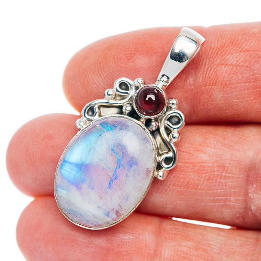 Premium Rainbow Moonstone, Garnet Pendant 1 1/2" (.925 Sterling Silver)