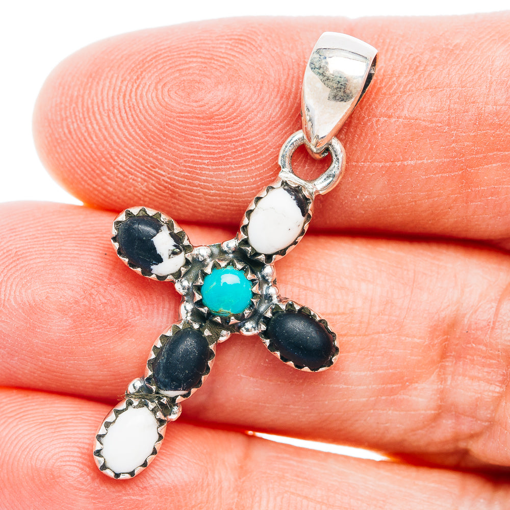 Southwestern Style White Buffalo Turquoise Cross, Kingman Turquoise Pendant 1 5/8" (.925 Sterling Silver)