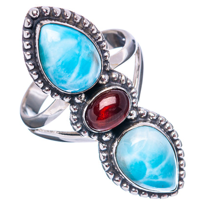 Premium Larimar, Garnet Ring Size 8 (.925 Sterling Silver)