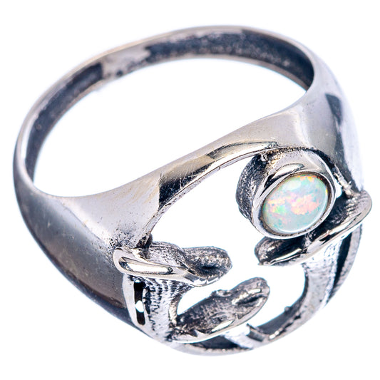 Sterling silver mushroom ring with round opal cabochon and embossed mushroom band