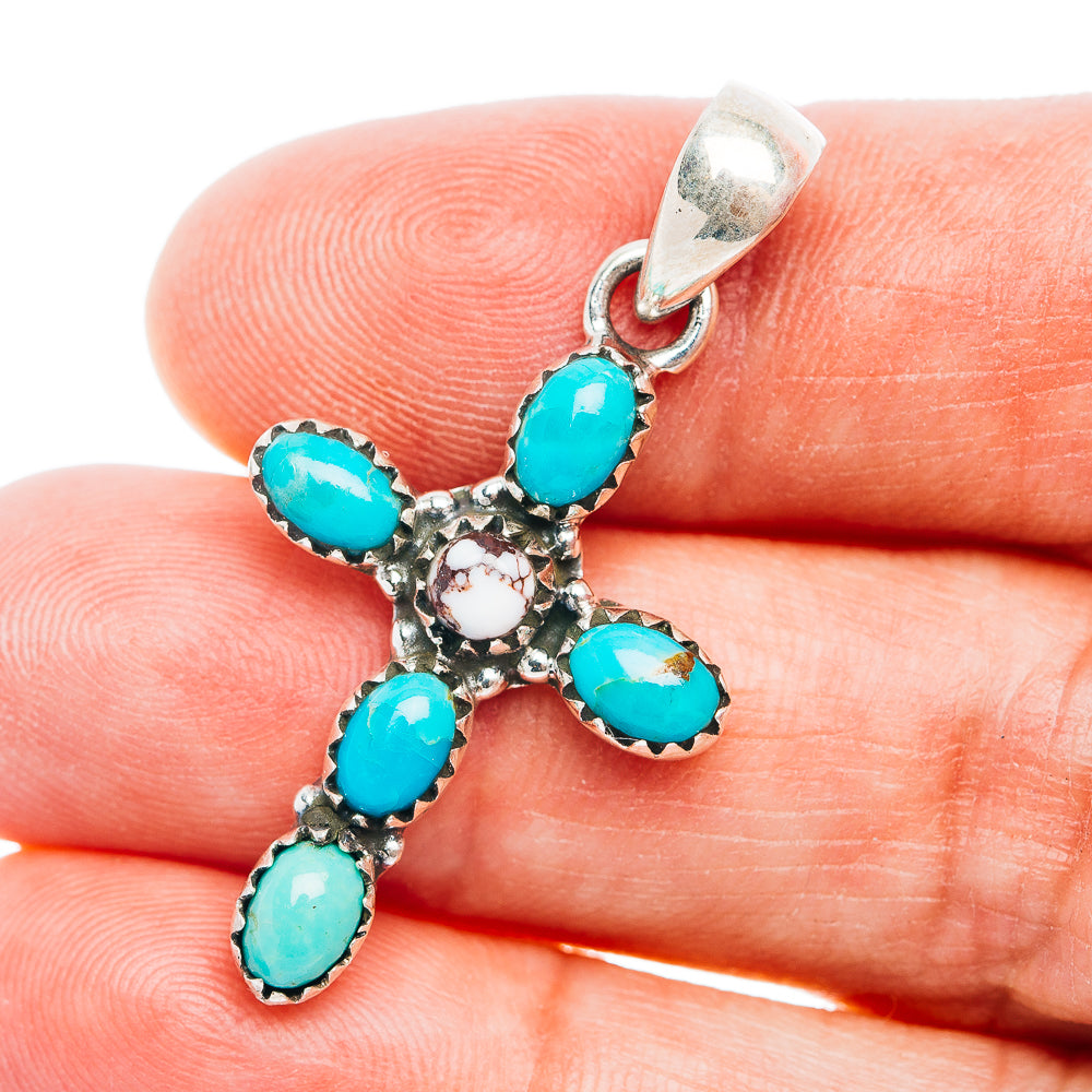 Southwestern Style Kingman Turquoise Cross, Wild Horse Jasper Pendant 1 5/8" (.925 Sterling Silver)