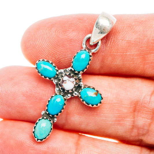 Southwestern Style Kingman Turquoise Cross, Wild Horse Jasper Pendant 1 5/8" (.925 Sterling Silver)