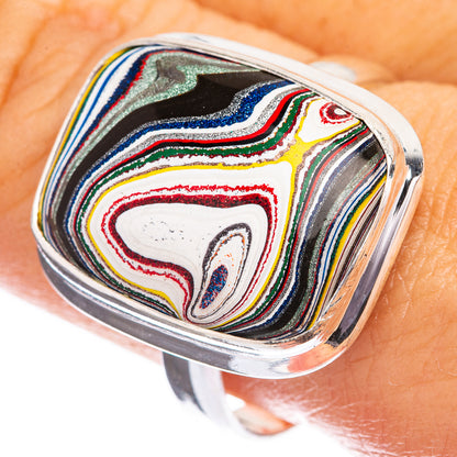 Sterling silver fordite ring with oval multicolor wavy inlays, size 10.5