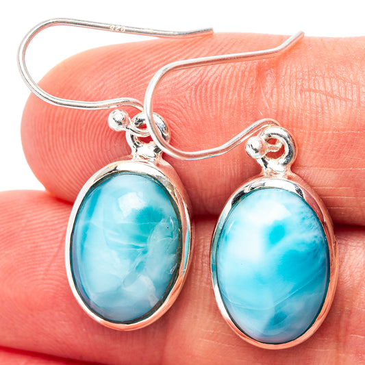 Oval larimar gemstone earrings in .925 sterling silver, blue cabochon with French hooks