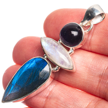 Labradorite, Rainbow Moonstone, Amethyst 925 Sterling Silver Pendant 2 1/8"