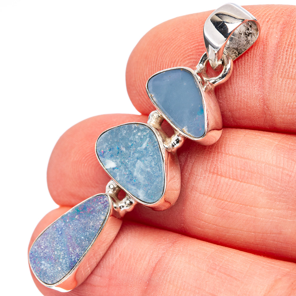 Sterling silver opal doublet pendant with three oval blue stones and loop bail