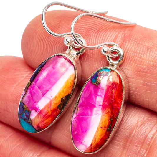 Multi-color oval gemstone drop earrings, .925 sterling silver hooks, pink and blue.