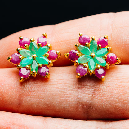 Emerald, Ruby Floral Cluster Earrings 5/8" (.925 Sterling Silver) 24k Gold Plated